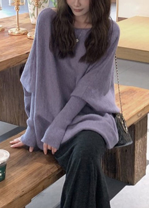 Women Purple O-Neck Solid Knit Sweater Batwing Sleeve