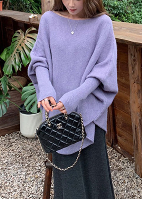 Women Purple O-Neck Solid Knit Sweater Batwing Sleeve