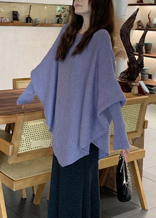 Women Purple O-Neck Solid Knit Sweater Batwing Sleeve