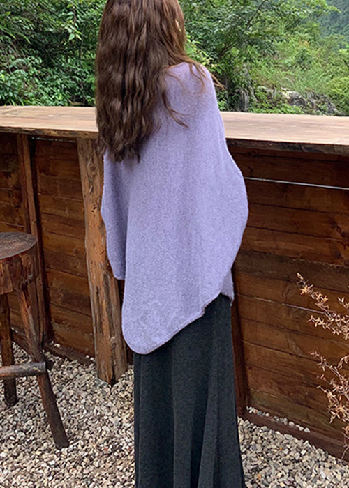 Women Purple O-Neck Solid Knit Sweater Batwing Sleeve
