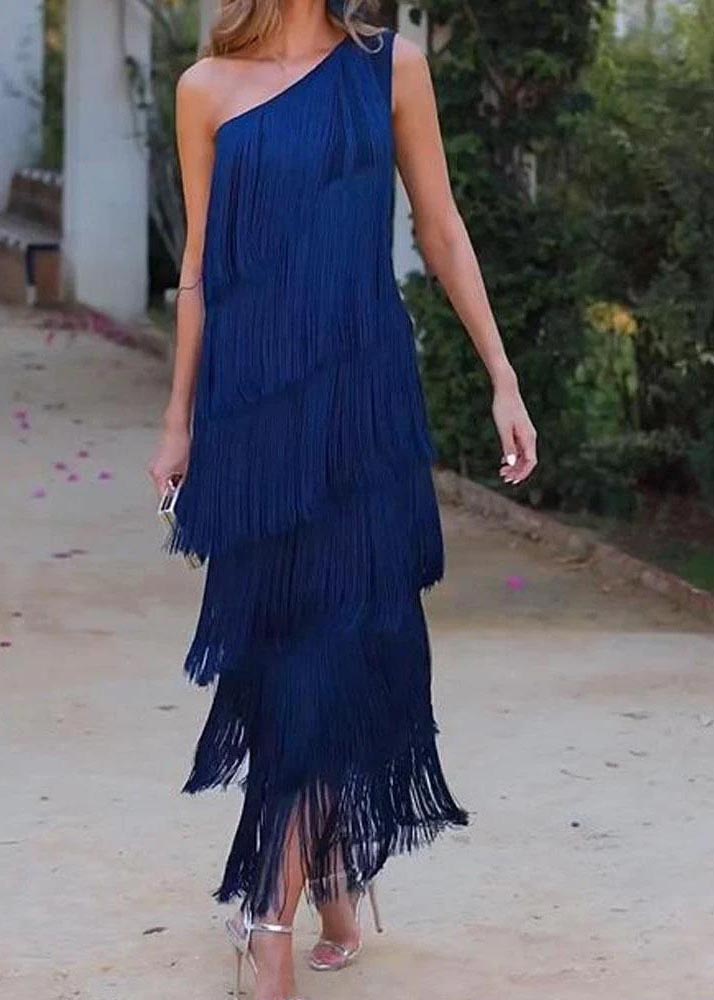 Women Purple One Shoulder Tasseled Dresses Sleeveless