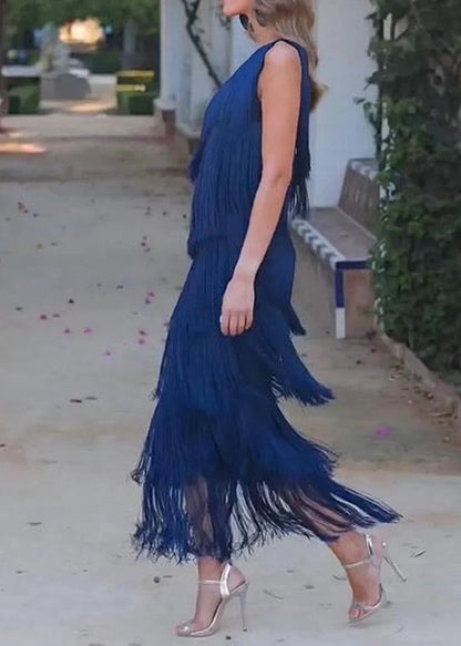 Women Purple One Shoulder Tasseled Dresses Sleeveless