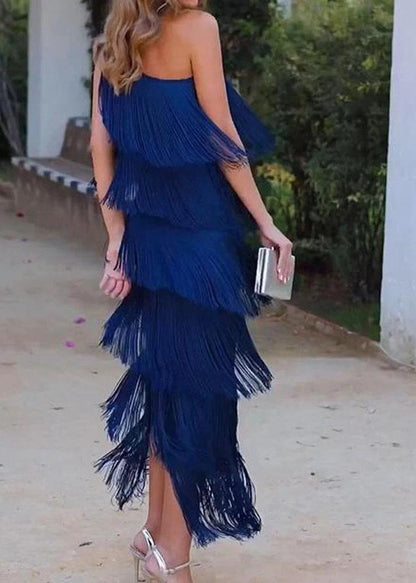 Women Purple One Shoulder Tasseled Dresses Sleeveless