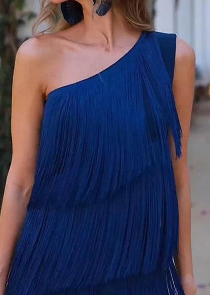 Women Purple One Shoulder Tasseled Dresses Sleeveless