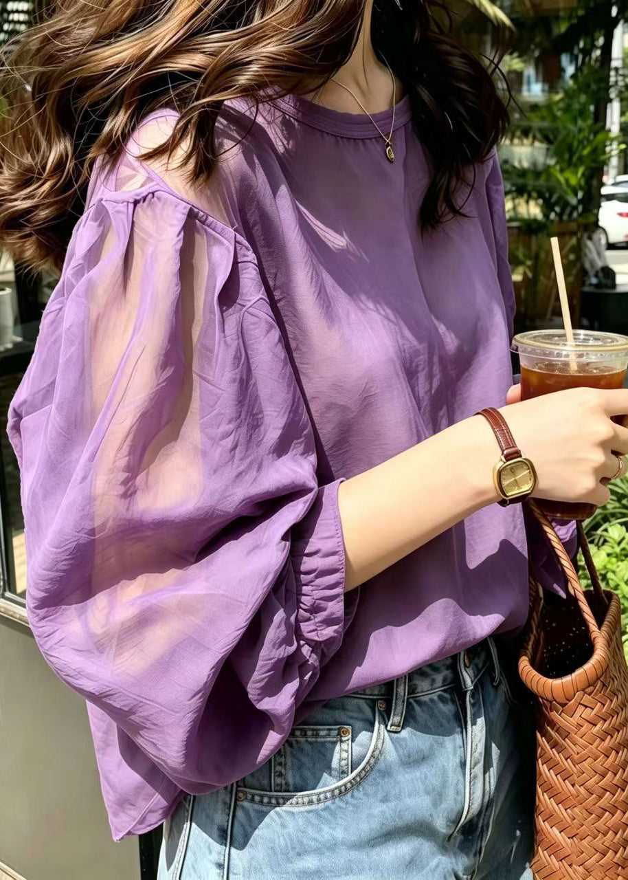 Women Purple Oversized Chiffon Top Lantern Sleeve