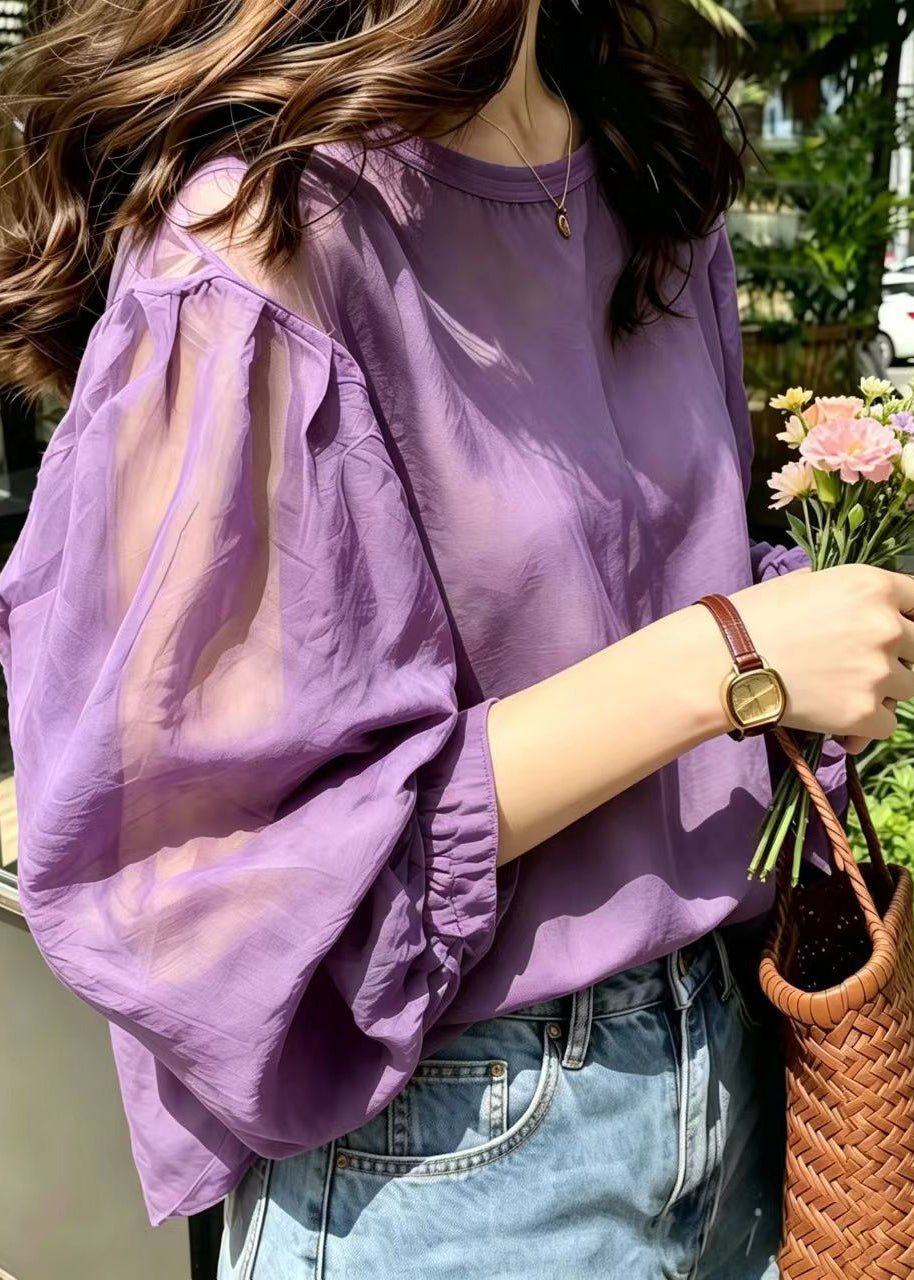 Women Purple Oversized Chiffon Top Lantern Sleeve