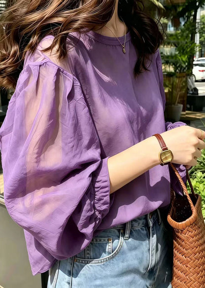 Women Purple Oversized Chiffon Top Lantern Sleeve