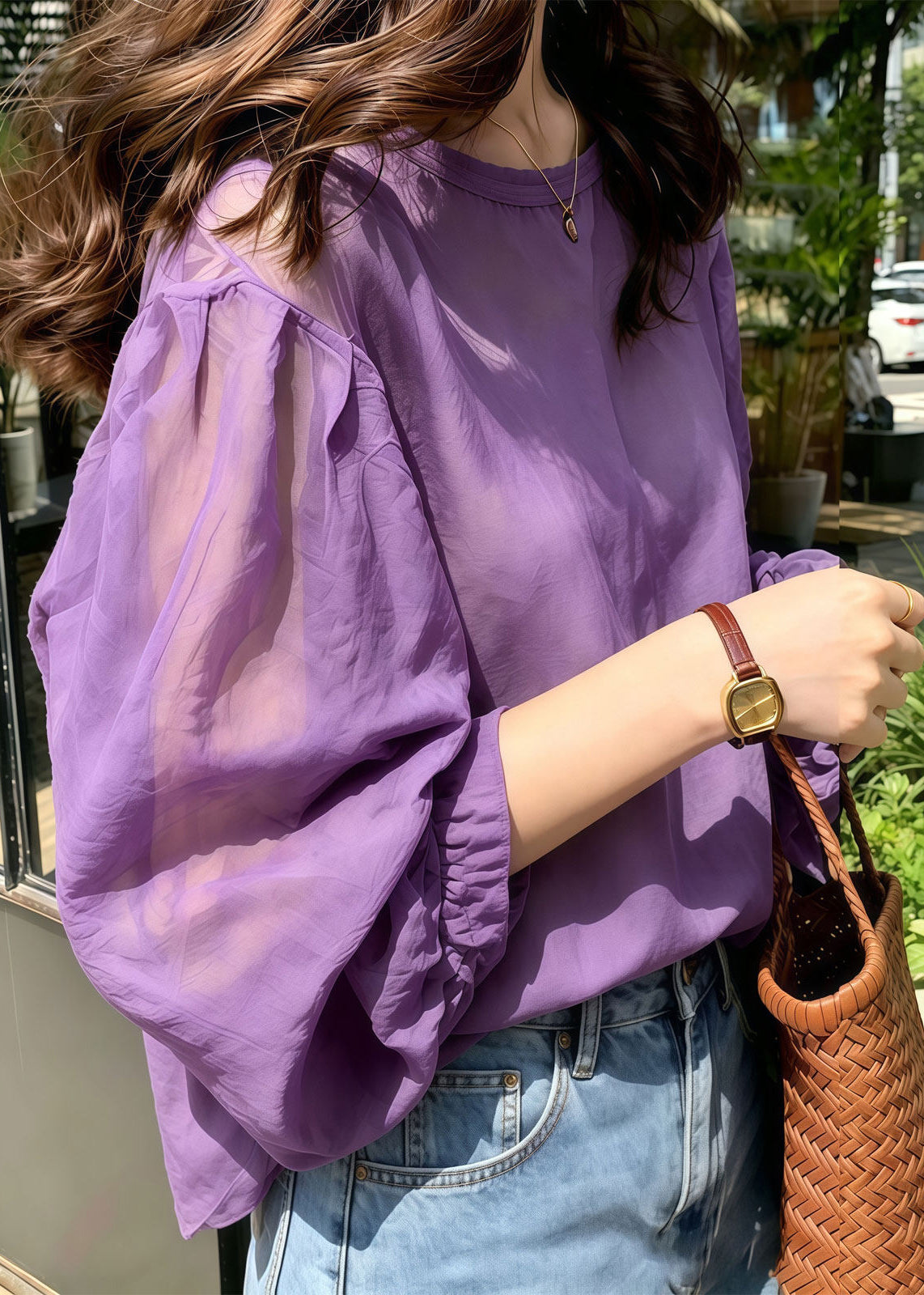 Women Purple Oversized Chiffon Top Lantern Sleeve