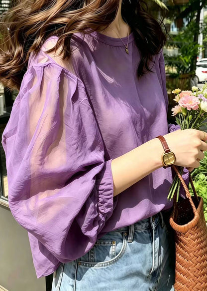 Women Purple Oversized Chiffon Top Lantern Sleeve