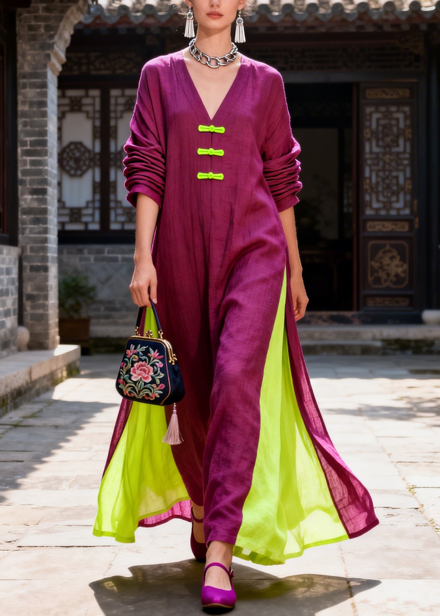 Women Purple Oversized Patchwork Chinese Button Cotton Maxi Dresses