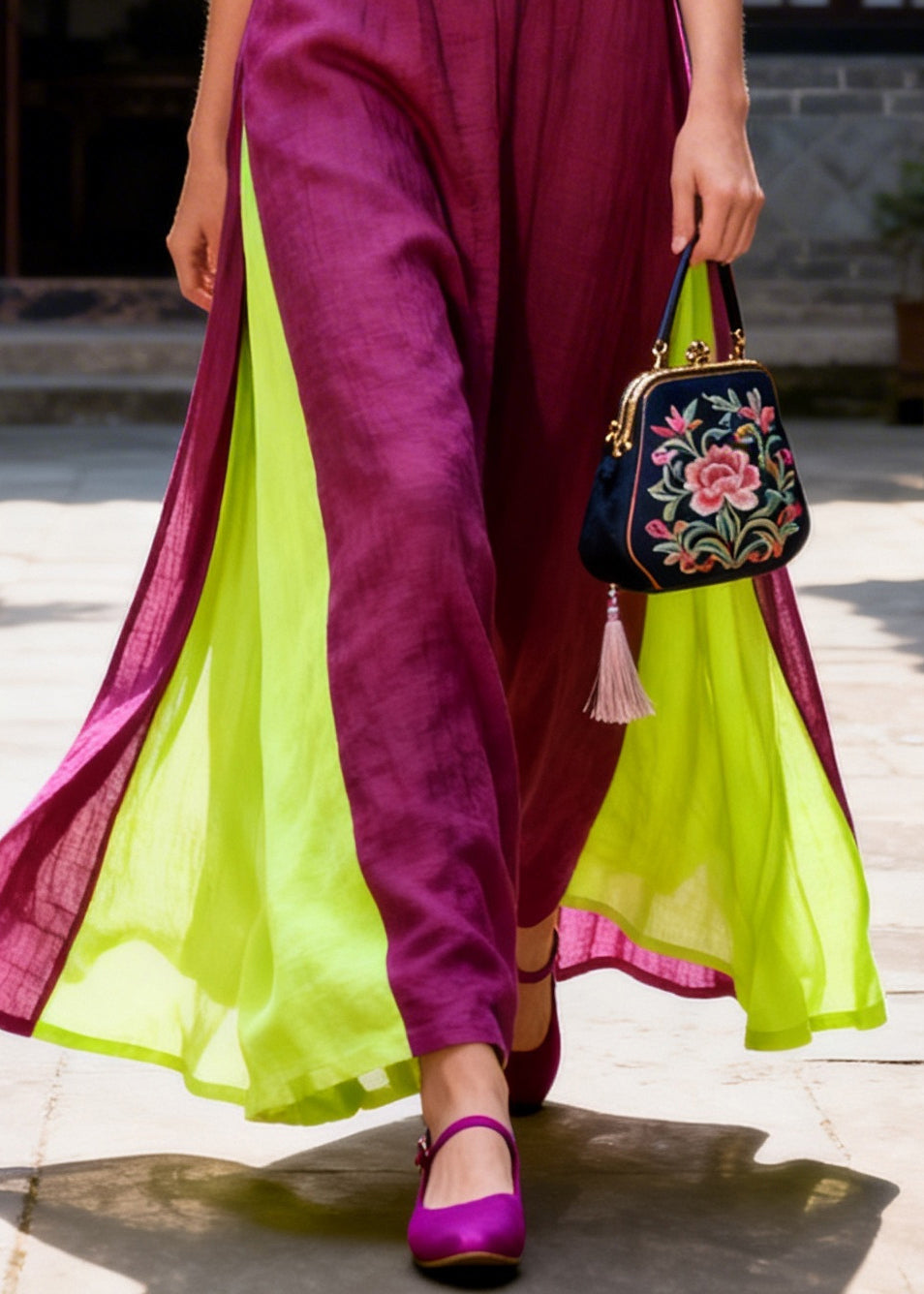 Women Purple Oversized Patchwork Chinese Button Cotton Maxi Dresses