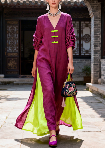 Women Purple Oversized Patchwork Chinese Button Cotton Maxi Dresses