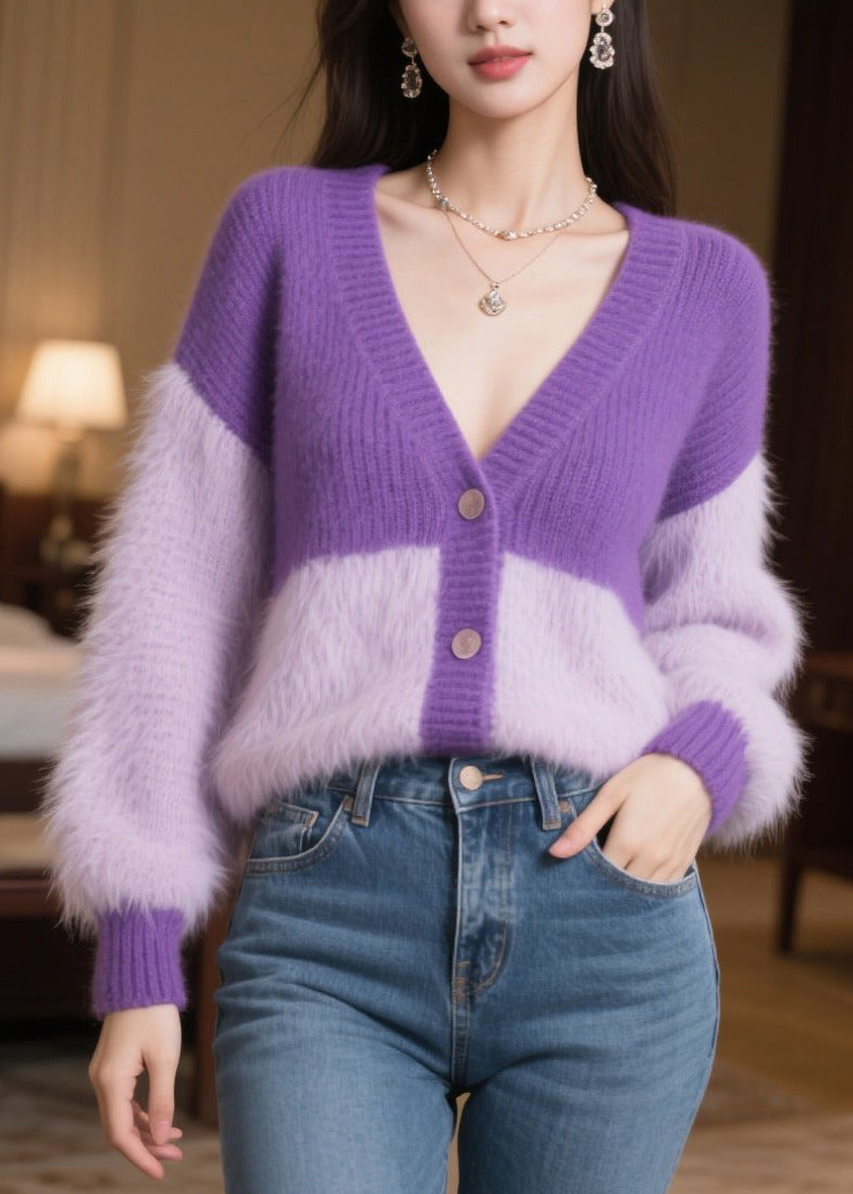 Women Purple Oversized Patchwork Knit Loose Coats Winter