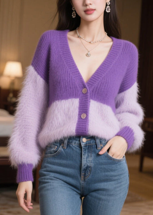 Women Purple Oversized Patchwork Knit Loose Coats Winter