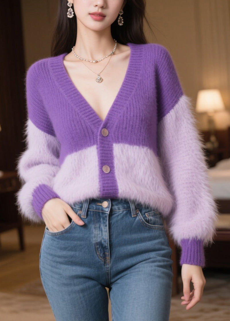 Women Purple Oversized Patchwork Knit Loose Coats Winter