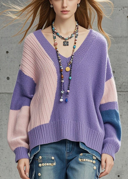 Women Purple Oversized Patchwork Knit Sweaters Fall