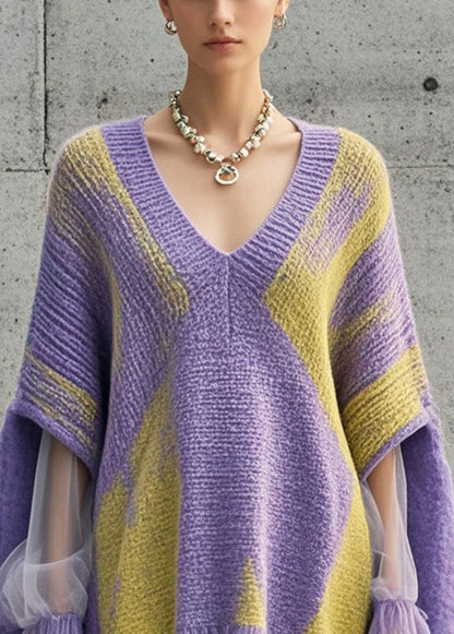 Women Purple Oversized Patchwork Tulle Knit Dress Fall