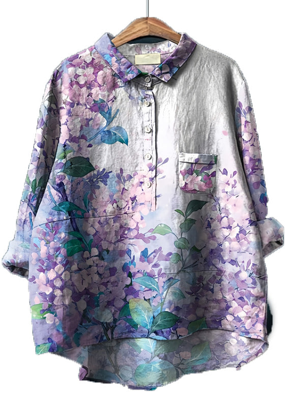 Women Purple Oversized Print Linen Shirt Top Spring