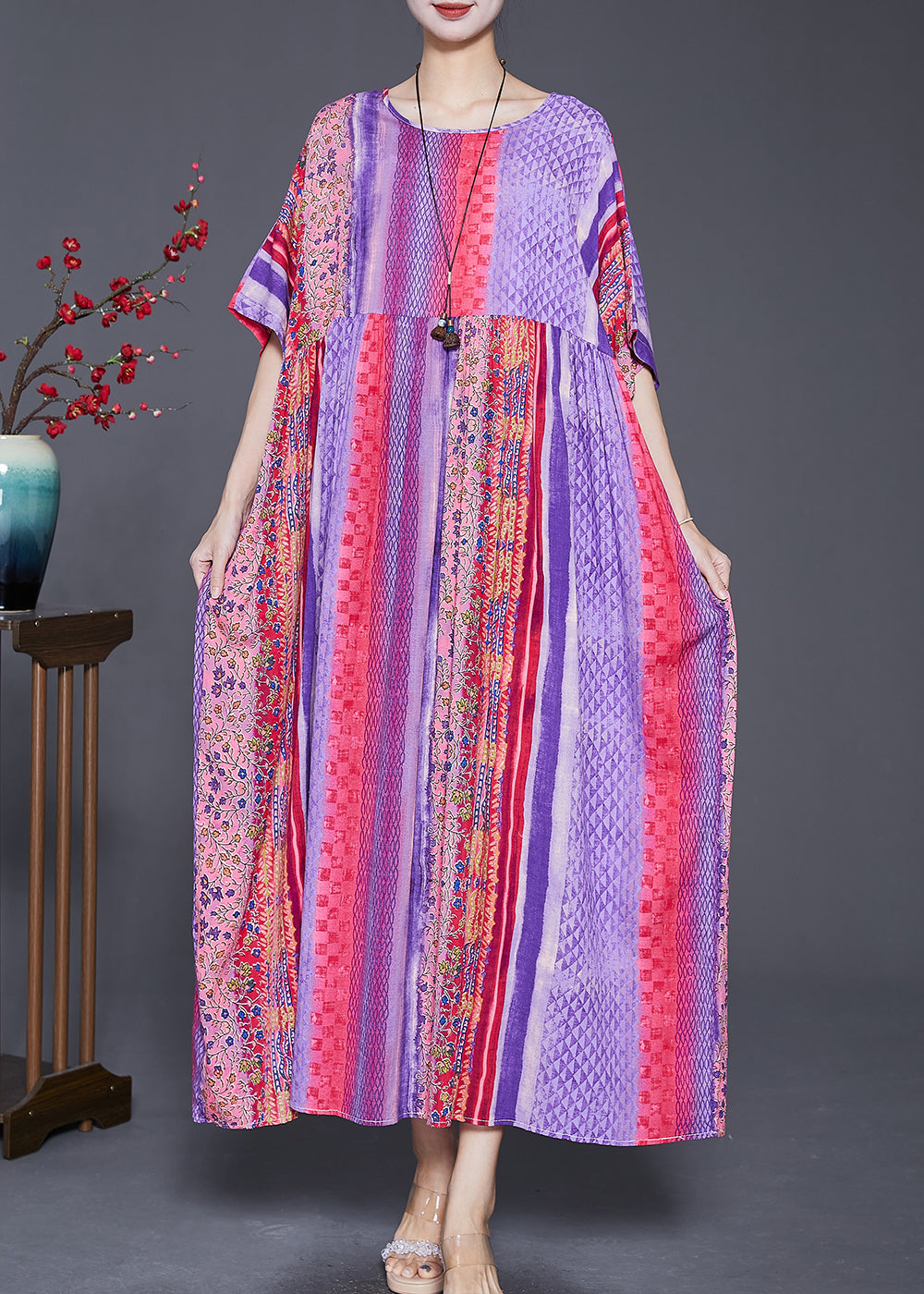 Women Purple Oversized Striped Cotton Maxi Dresses Summer