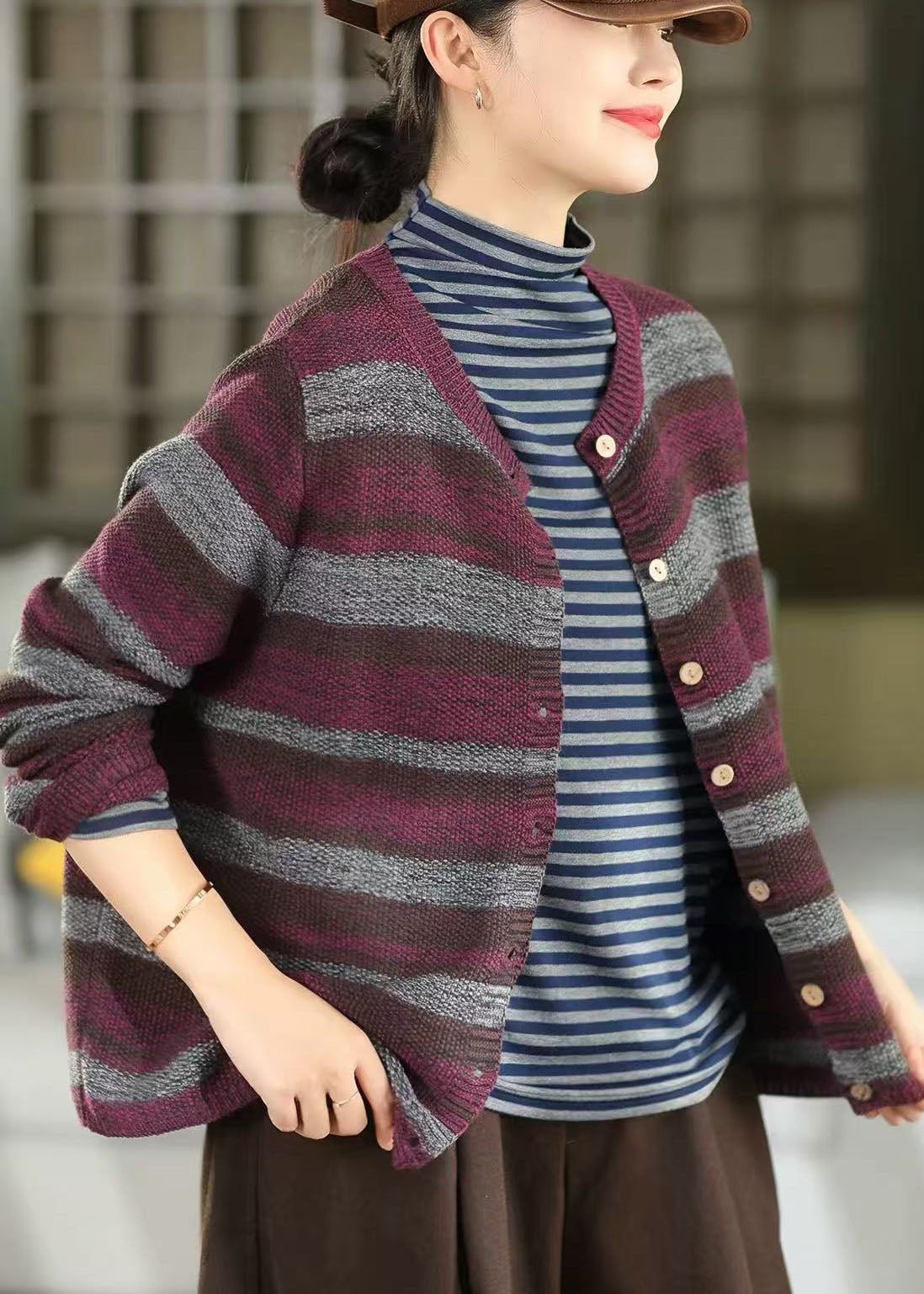 Women Purple Oversized Striped Knit Cardigans Winter
