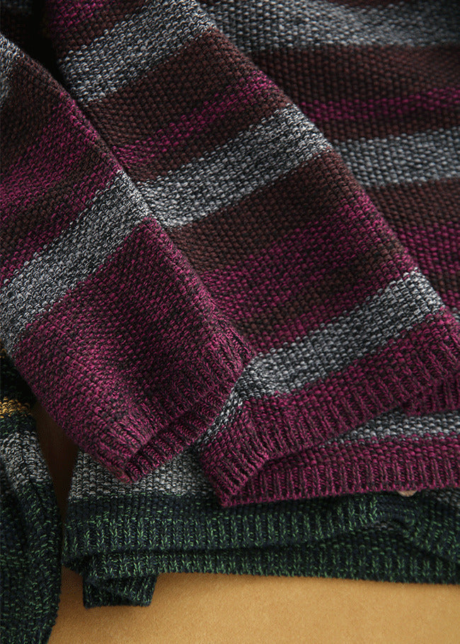 Women Purple Oversized Striped Knit Cardigans Winter