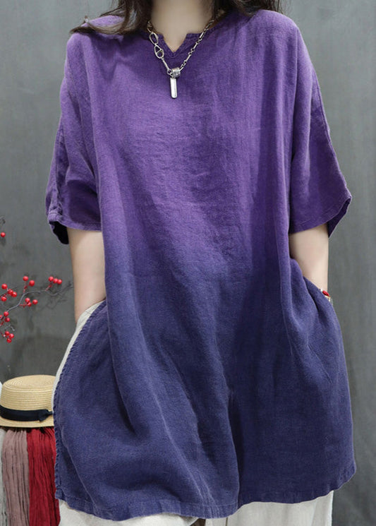 Women Purple Oversized Tie Dye Linen Top Summer