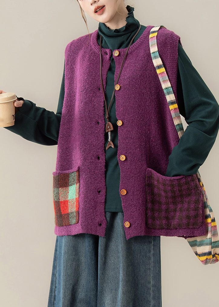 Women Purple Patchwork Button Cozy Cotton Knit Waistcoat Winter