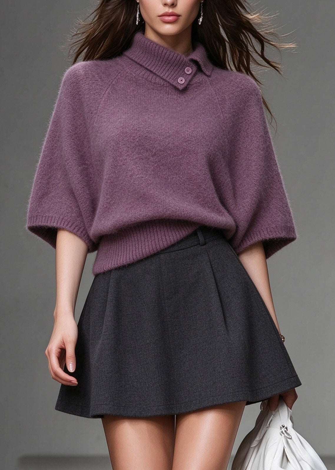 Women Purple Peter Pan Collar Patchwork Knit Sweaters Batwing Sleeve