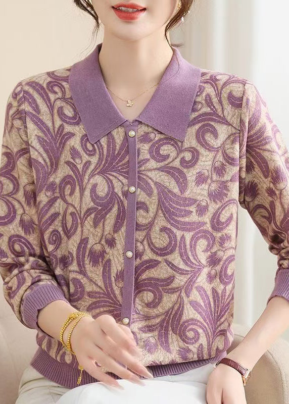 Women Purple Peter Pan Collar Print Knit Sweaters Spring