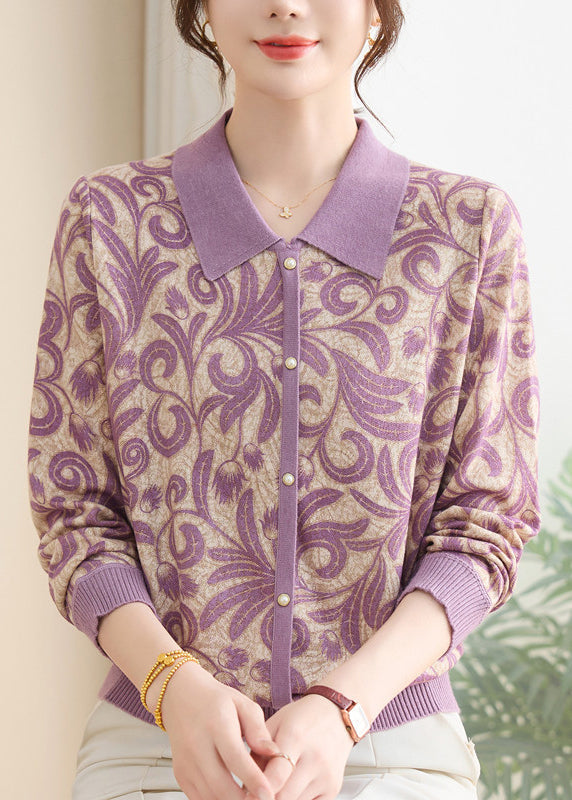 Women Purple Peter Pan Collar Print Knit Sweaters Spring