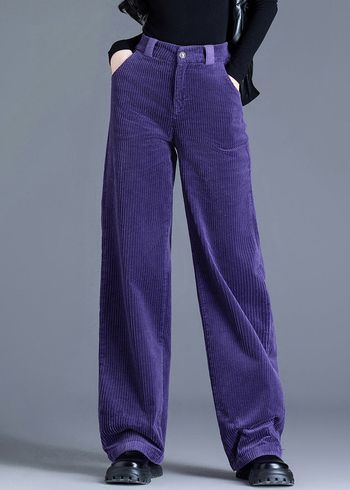Women Purple Pockets High Waist Corduroy Straight Pants Spring
