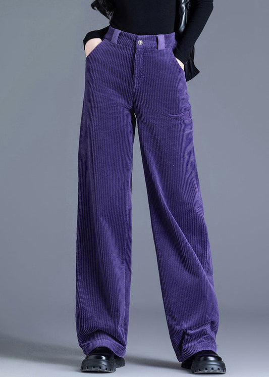 Women Purple Pockets High Waist Corduroy Straight Pants Spring