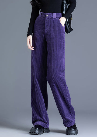 Women Purple Pockets High Waist Corduroy Straight Pants Spring