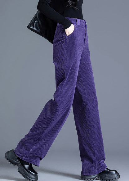 Women Purple Pockets High Waist Corduroy Straight Pants Spring
