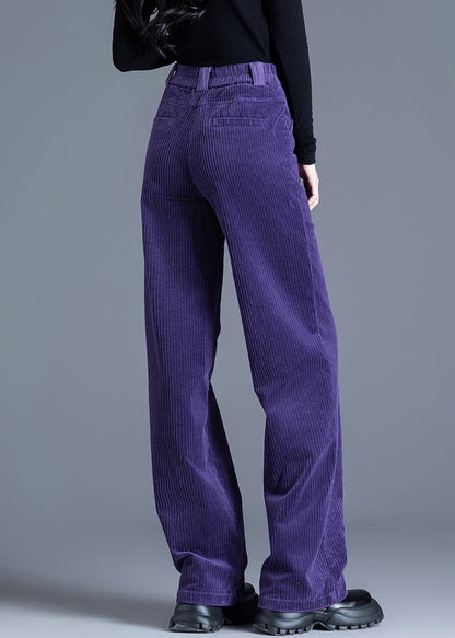 Women Purple Pockets High Waist Corduroy Straight Pants Spring