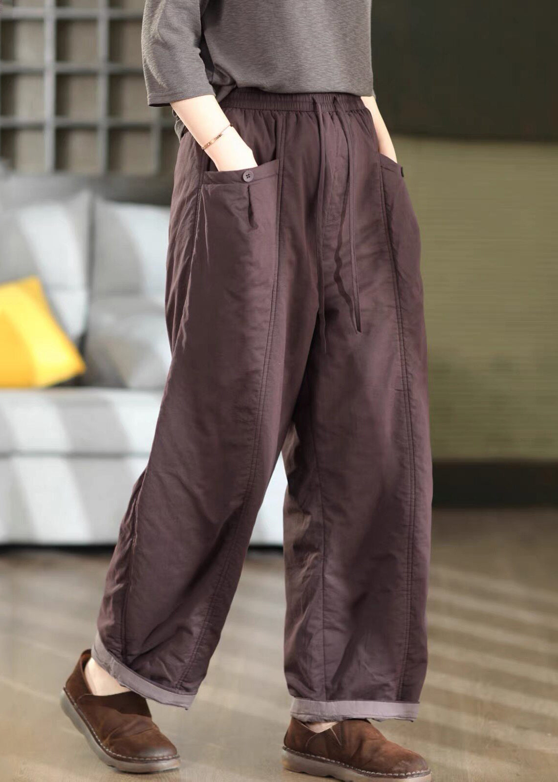 Women Purple Pockets Patchwork Elastic Waist Fine Cotton Filled Pants Winter
