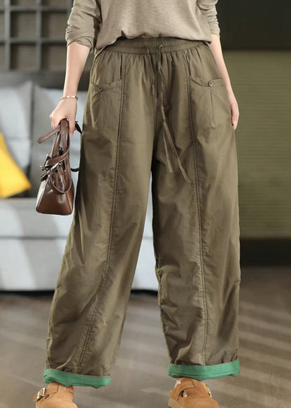Women Purple Pockets Patchwork Elastic Waist Fine Cotton Filled Pants Winter