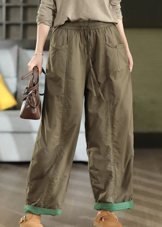 Women Purple Pockets Patchwork Elastic Waist Fine Cotton Filled Pants Winter