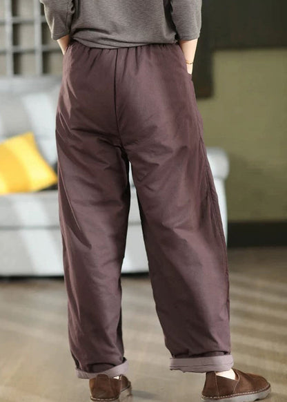 Women Purple Pockets Patchwork Elastic Waist Fine Cotton Filled Pants Winter