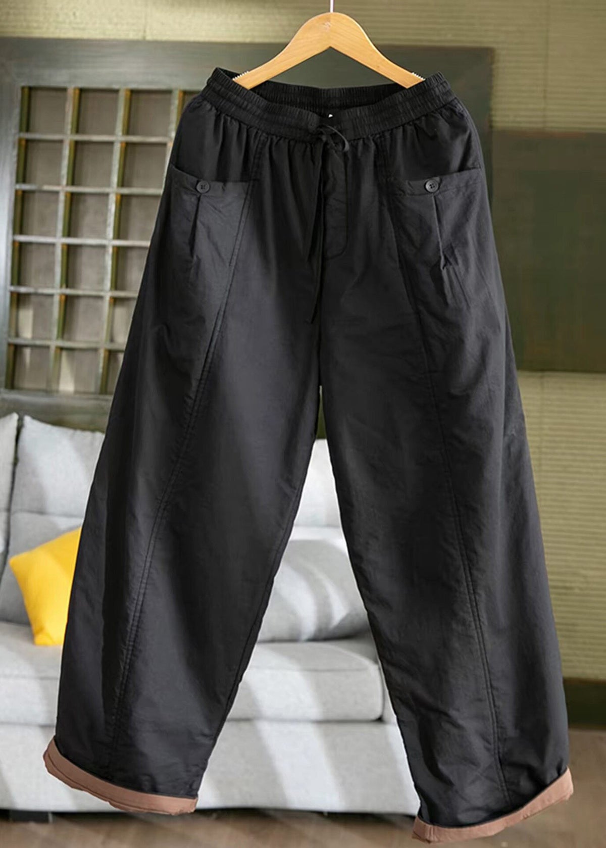 Women Purple Pockets Patchwork Elastic Waist Fine Cotton Filled Pants Winter
