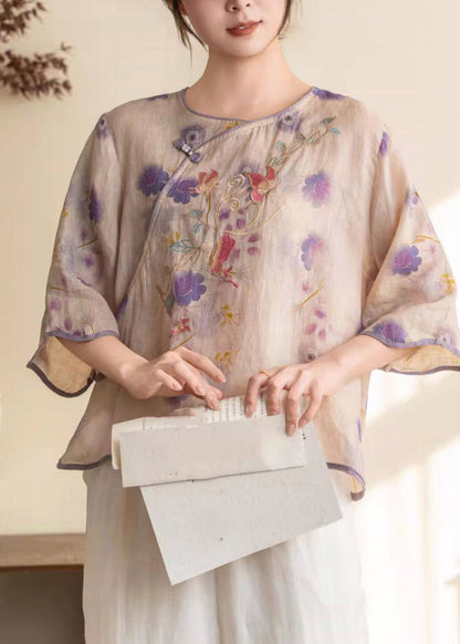 Women Purple Print Button Linen Shirt Summer