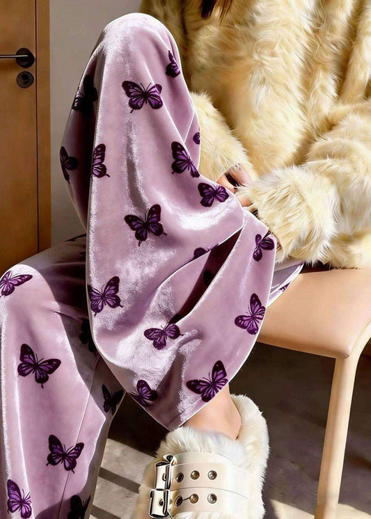 Women Purple Print Draping Silk Velvet Wide Leg Pants