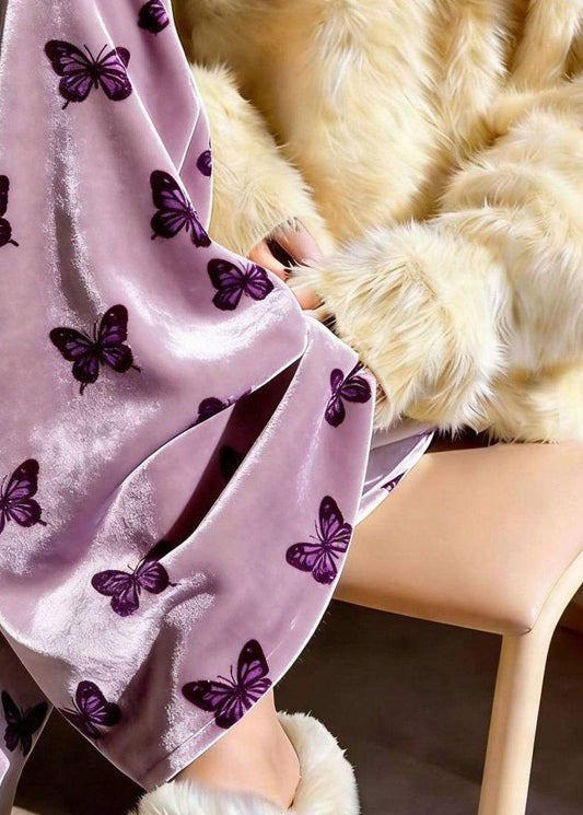 Women Purple Print Draping Silk Velvet Wide Leg Pants