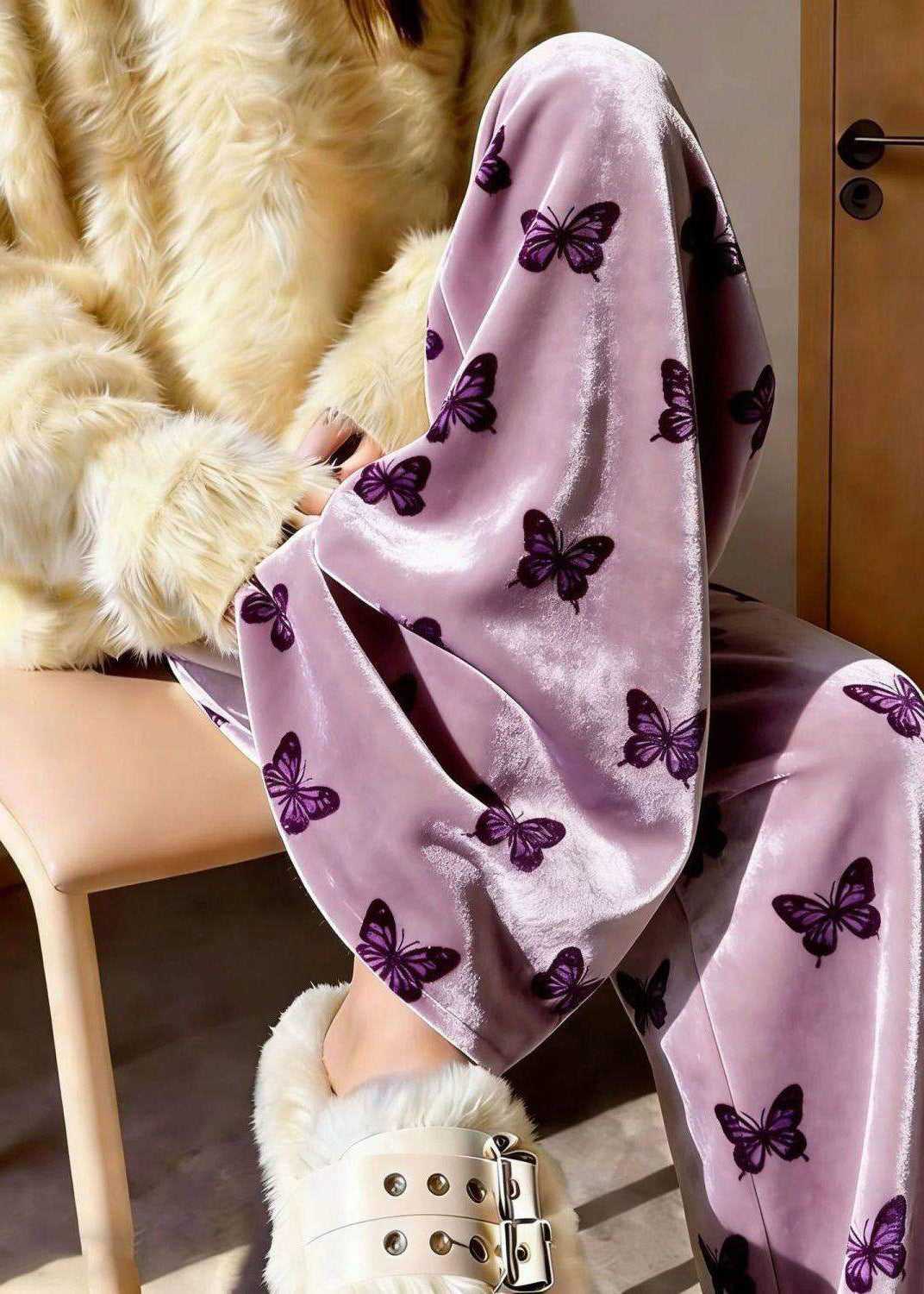 Women Purple Print Draping Silk Velvet Wide Leg Pants