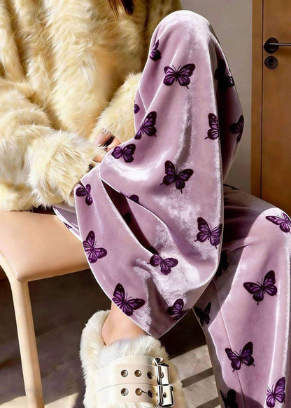 Women Purple Print Draping Silk Velvet Wide Leg Pants