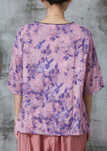 Load image into Gallery viewer, Women Purple Print Patchwork Linen Shirt Tops Half Sleeve