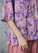 Load image into Gallery viewer, Women Purple Print Patchwork Linen Shirt Tops Half Sleeve