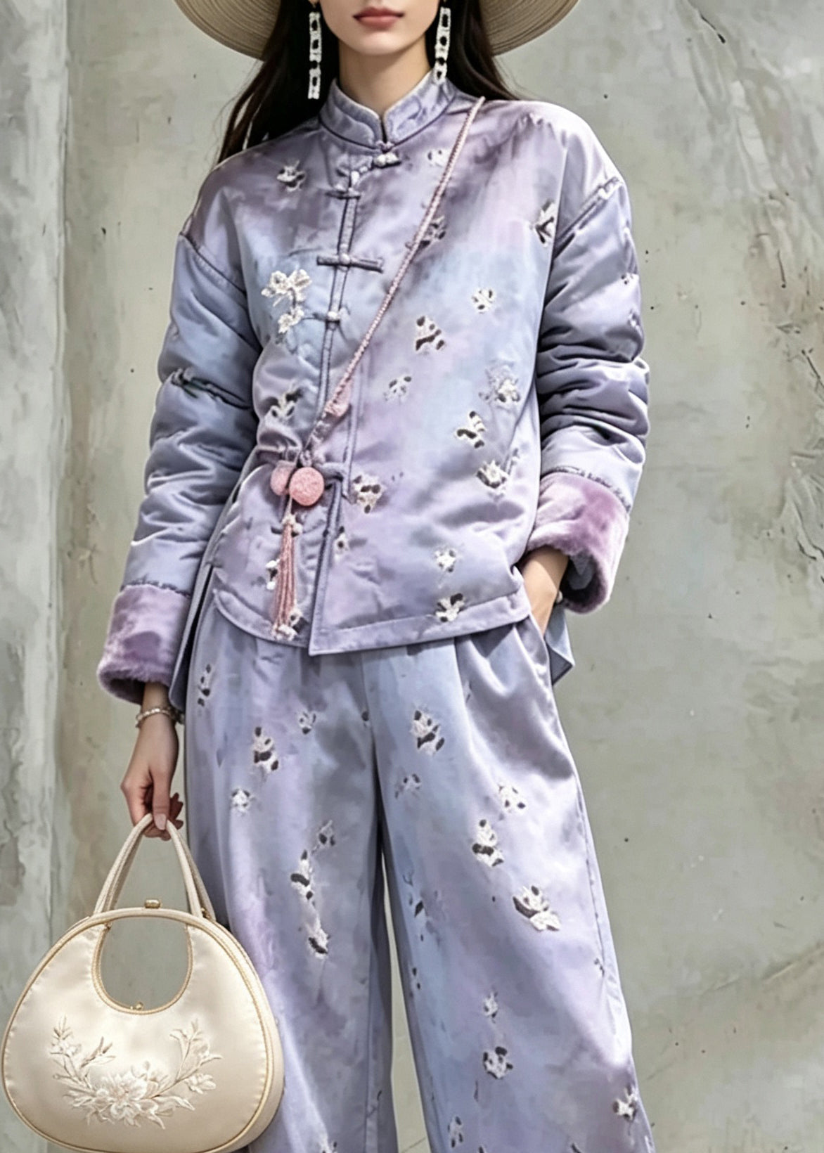 Women Purple Print Warm Fleece Coats And Pants Two Pieces Set Winter