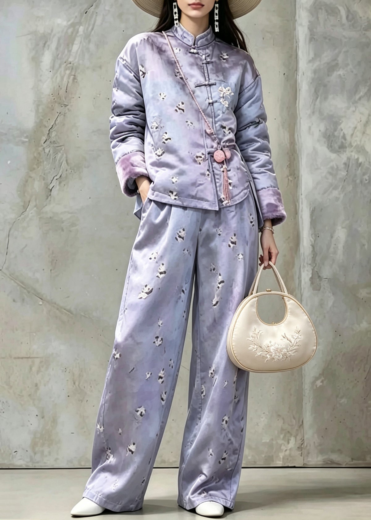 Women Purple Print Warm Fleece Coats And Pants Two Pieces Set Winter