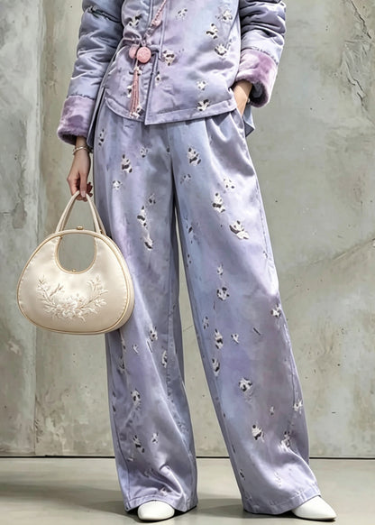 Women Purple Print Warm Fleece Coats And Pants Two Pieces Set Winter